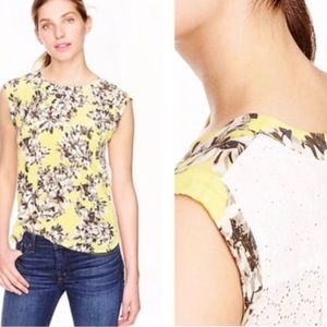 J. Crew Neon Yellow Green Gray Floral Top with Eyelet Back